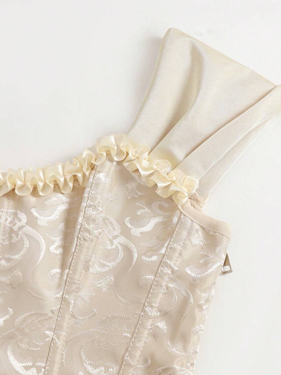 Women's apricot off-shoulder camisole top featuring asymmetrical frill trim and lace-up detail in a slim fit.