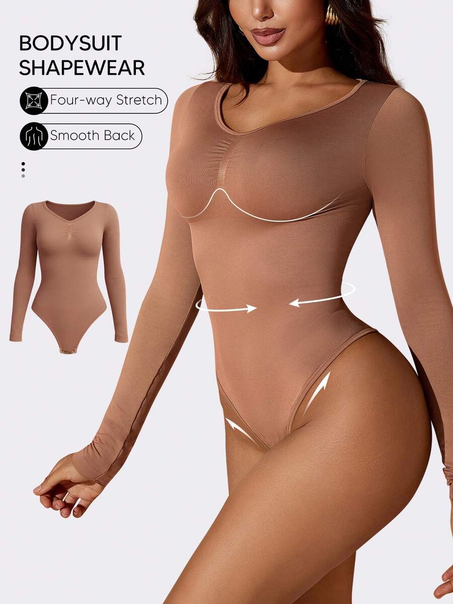 Women's long sleeve shapewear bodysuit featuring tummy control and waist training support