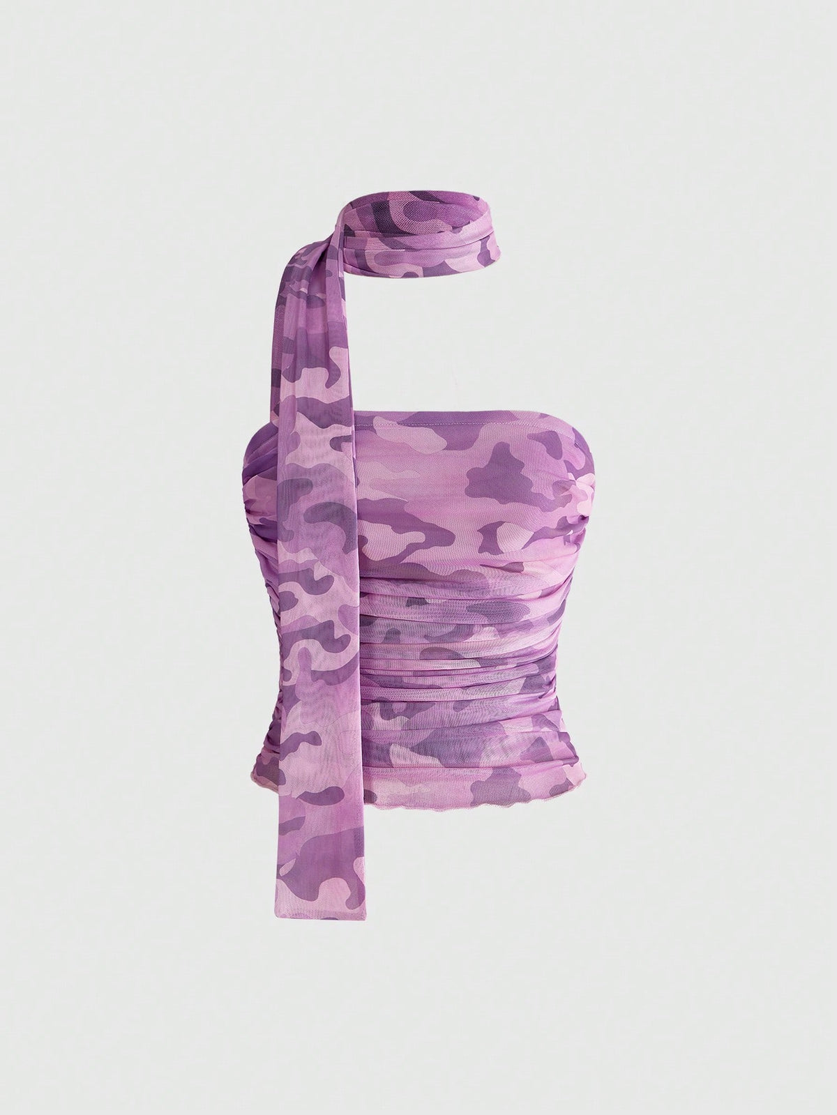 Women's black polka dot strapless tube top made of ruched mesh fabric featuring an asymmetrical hem and matching scarf.
