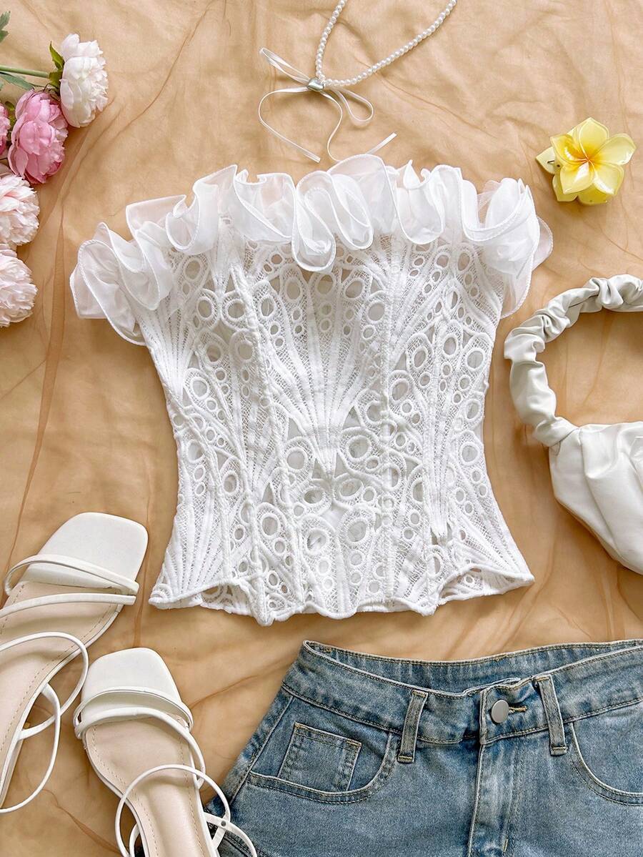 Strapless floral lace corset top with lace-up detail, asymmetrical hem, and slim fit for women.