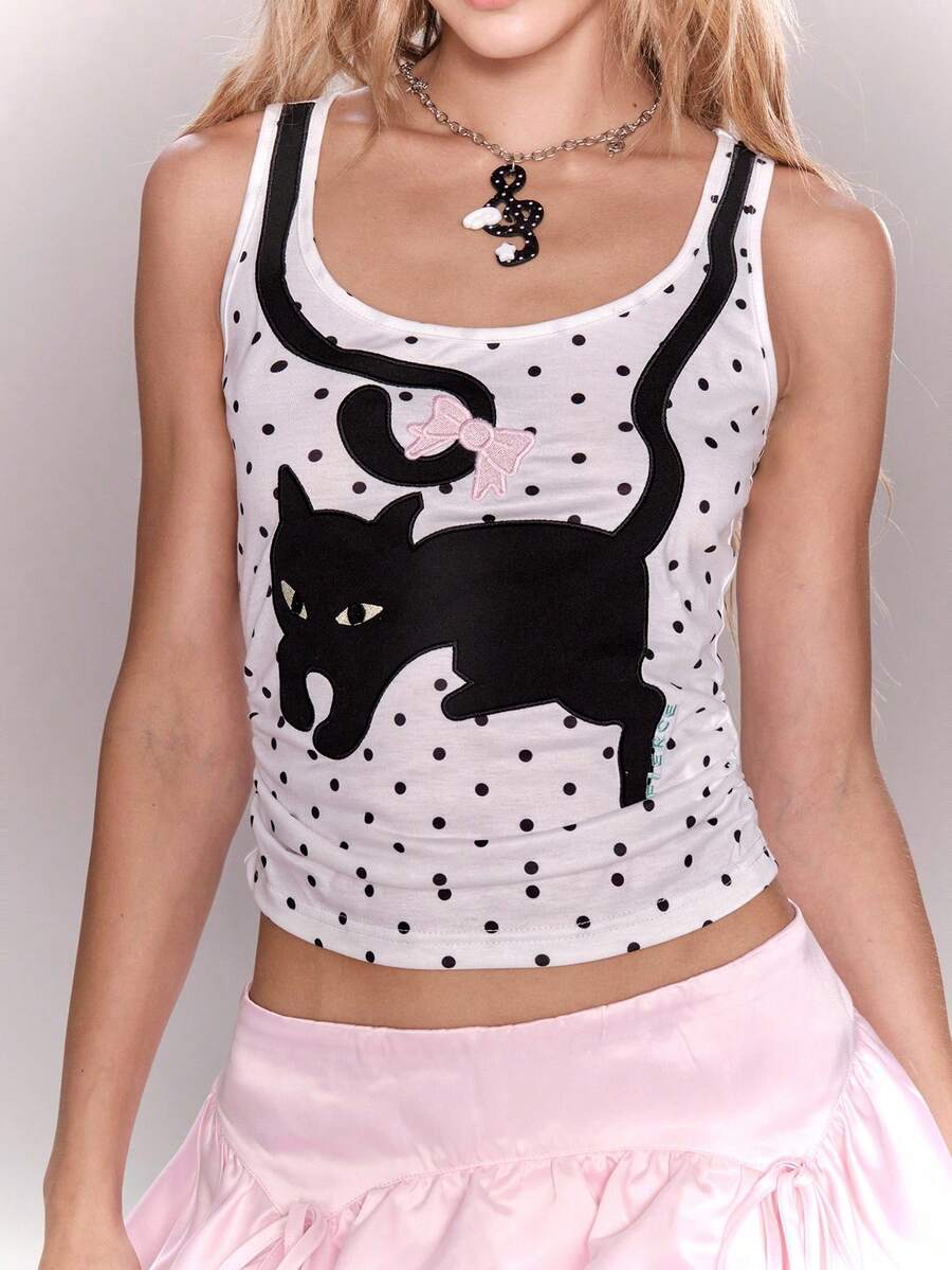 White slim fit square neck polka dot camisole top featuring cat and butterfly graphic print with studded arm sleeves.