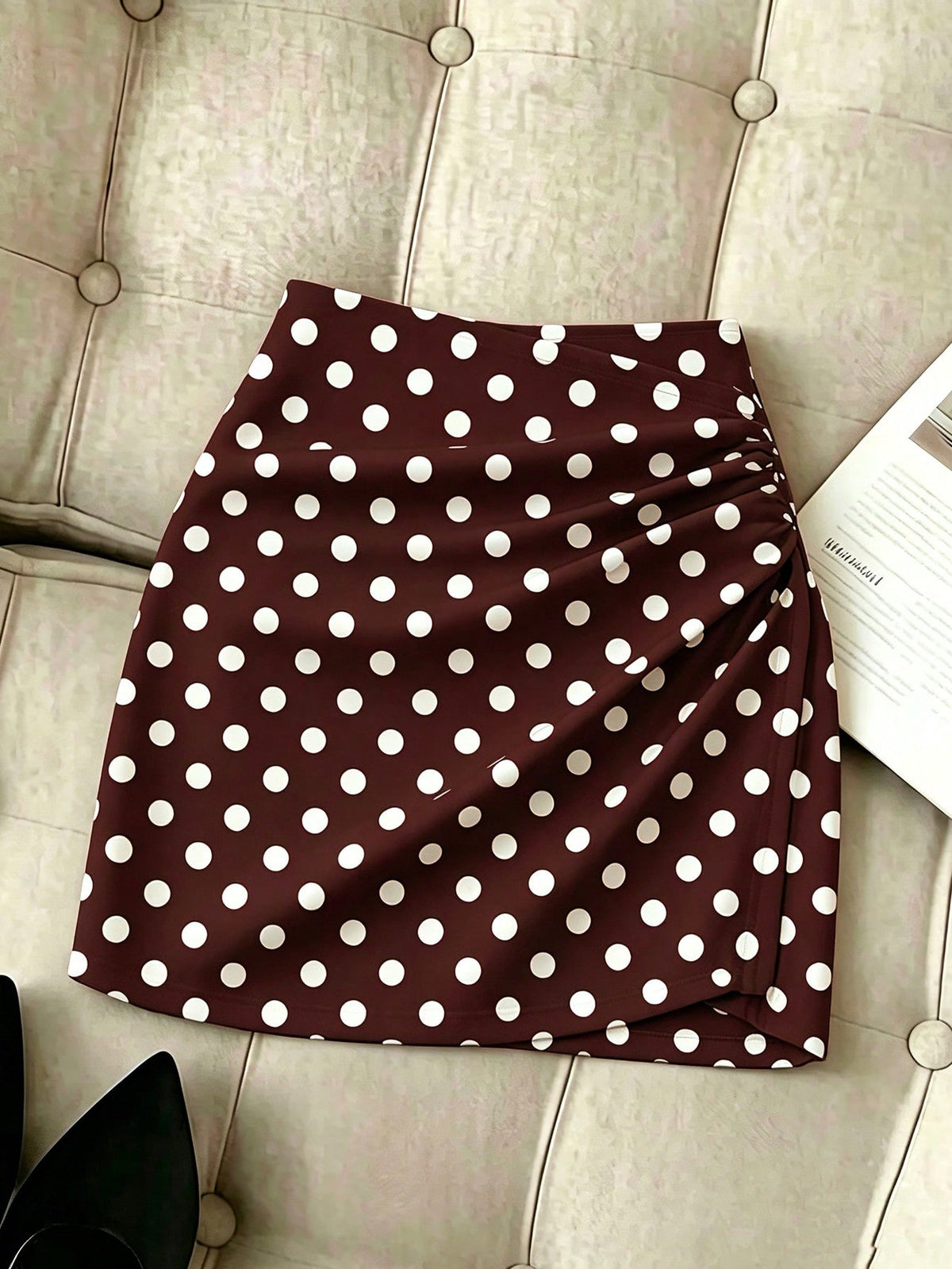 Women's short guipure lace skirt with lettuce trim and skinny mid-waist fit.