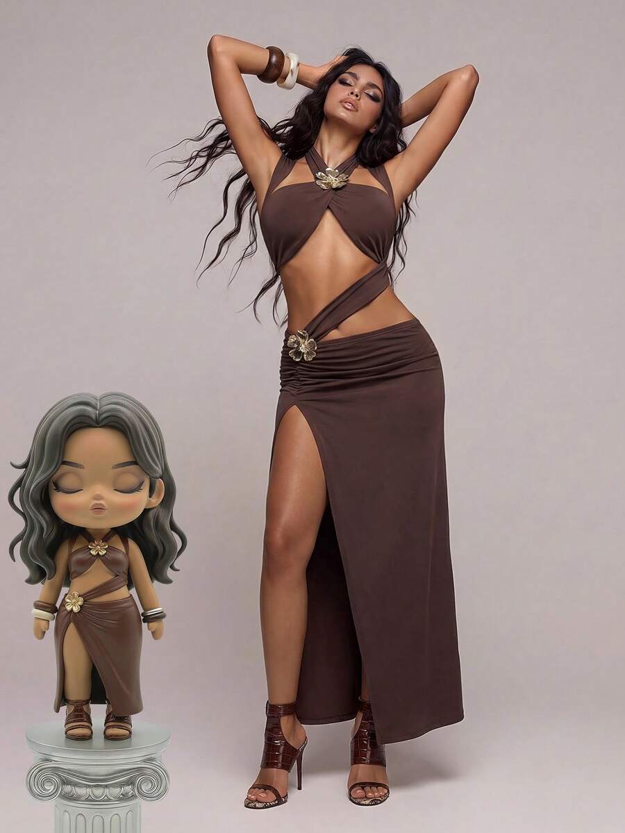 Avant women's dark brown sleeveless knitted bodycon maxi dress featuring a high side slit and round neckline.