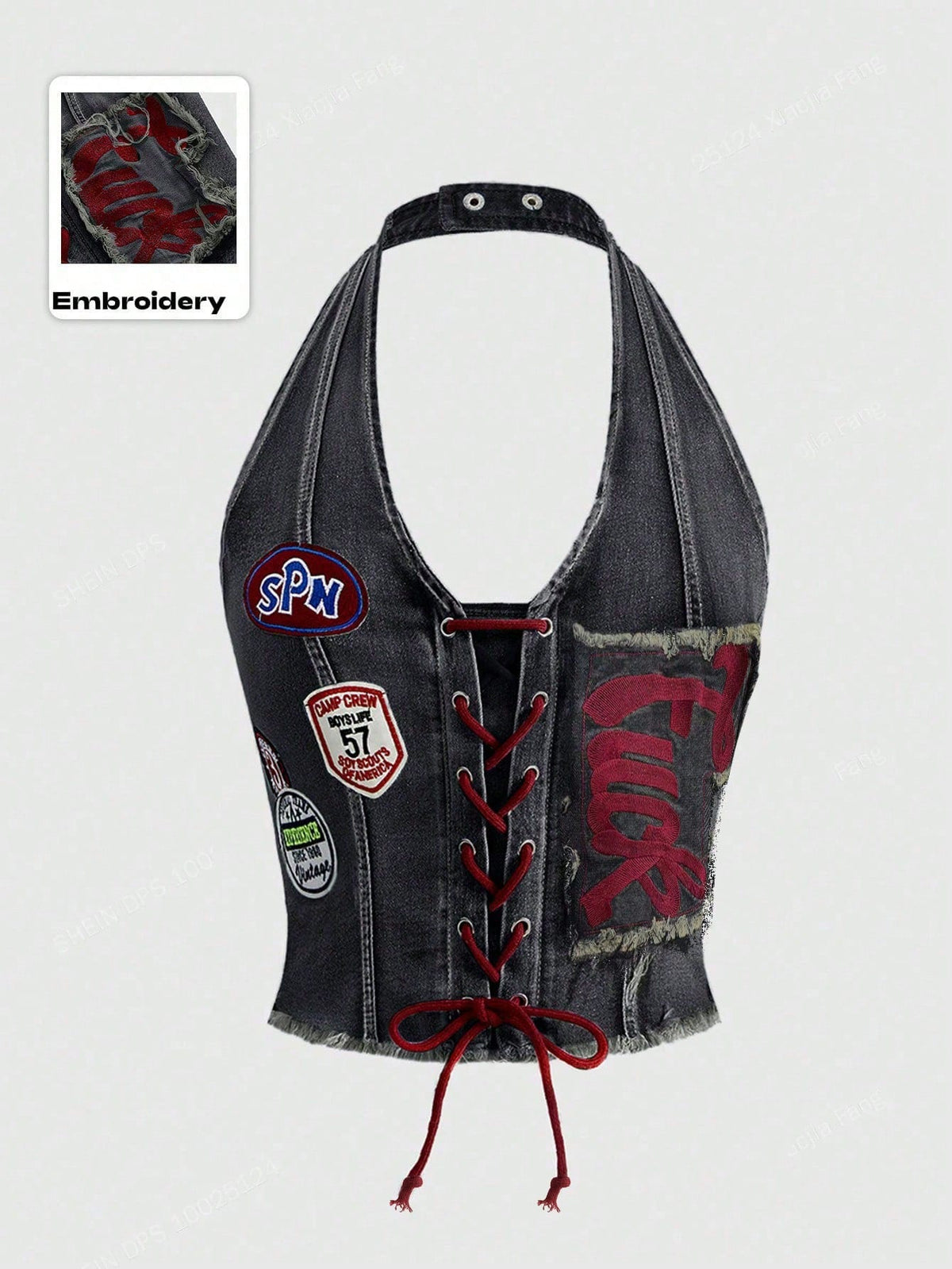 A black Y2K denim halter crop top featuring a backless lace-up grommet eyelet design with a slim fit micro crop length.