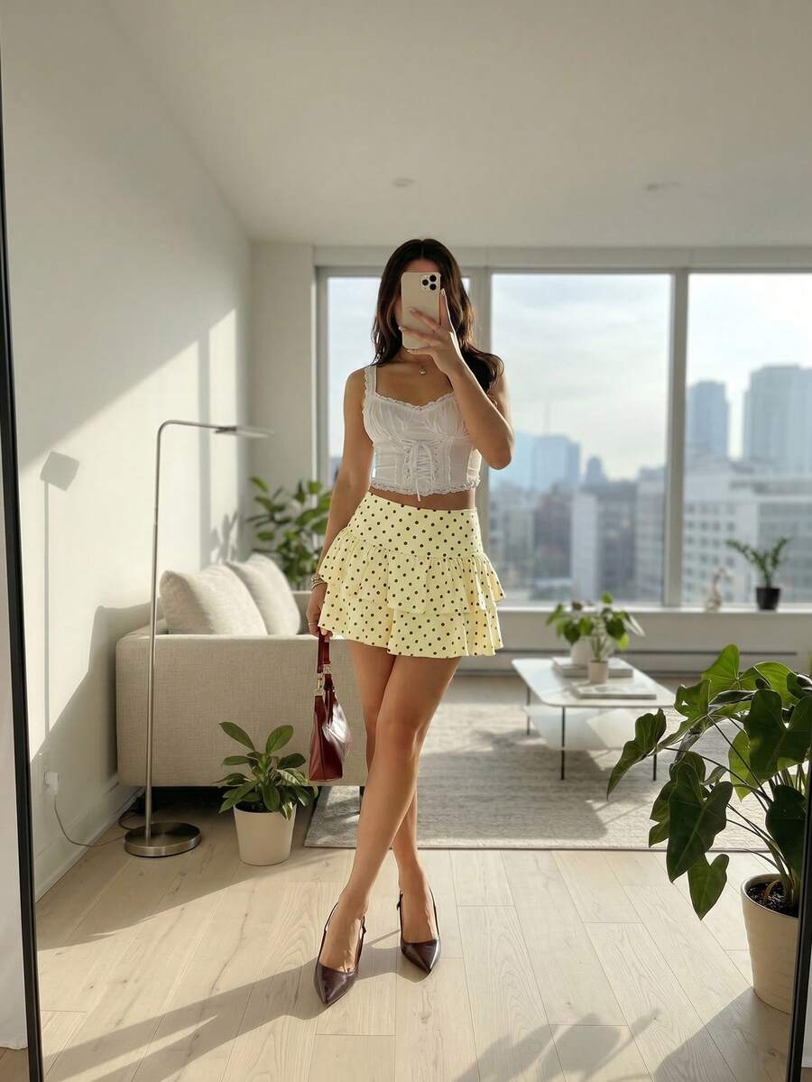 Black low waist knit mini skirt featuring a tiered ruffle hem and skinny high stretch fit.