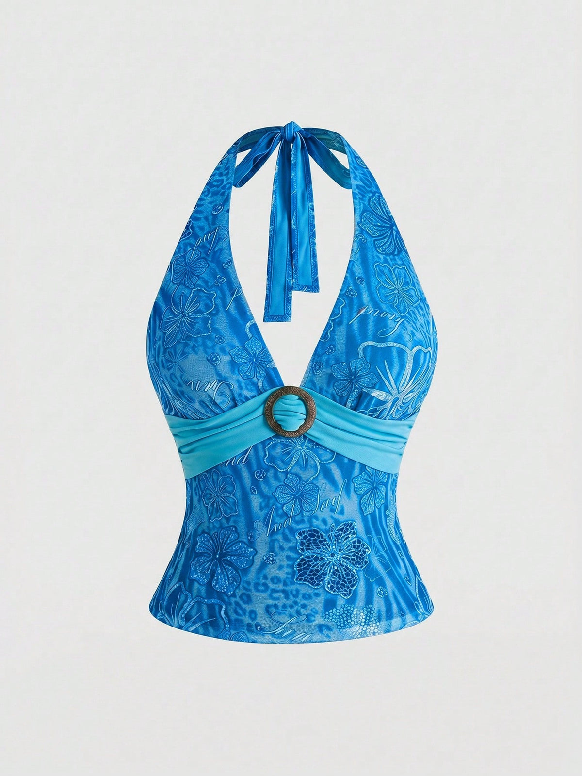 Women's pink tropical hibiscus print halter top featuring contrast lace trim and a slim fit silhouette.