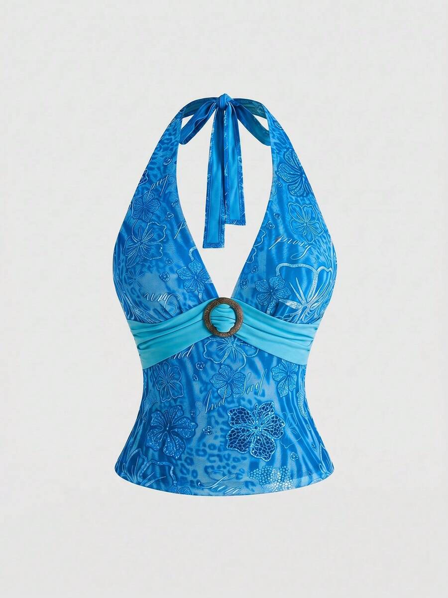 Women's pink tropical hibiscus print halter top featuring contrast lace trim and a slim fit silhouette.