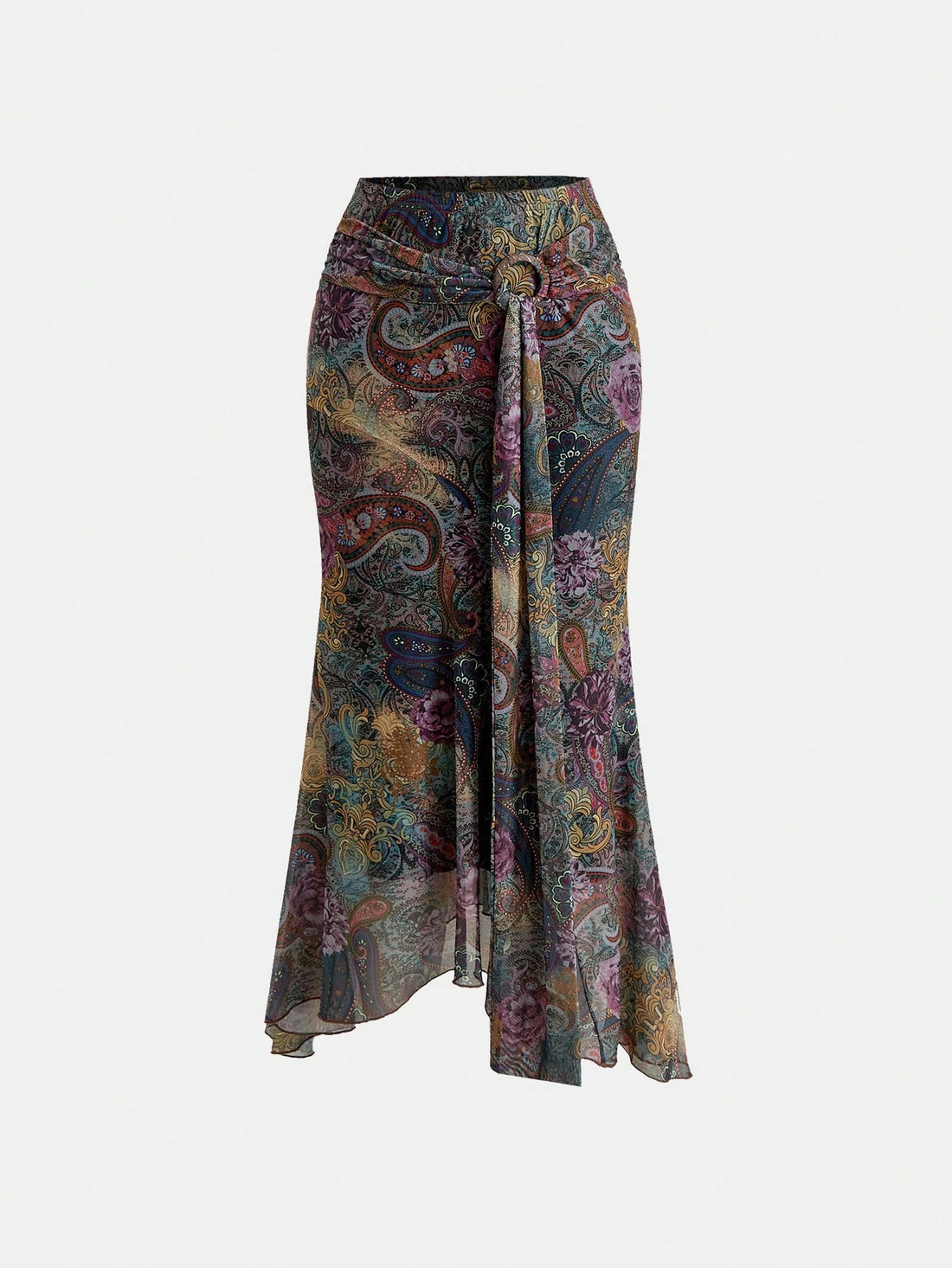 Multicolor boho asymmetrical maxi skirt for women featuring a low waist, retro paisley print, wrap slit hem, and ruched button details.