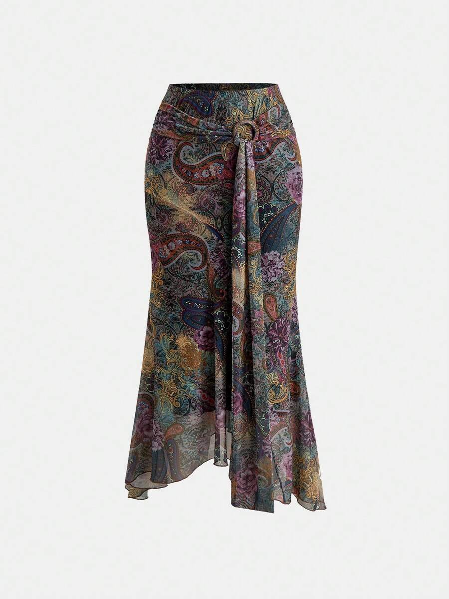 Multicolor boho asymmetrical maxi skirt for women featuring a low waist, retro paisley print, wrap slit hem, and ruched button details.