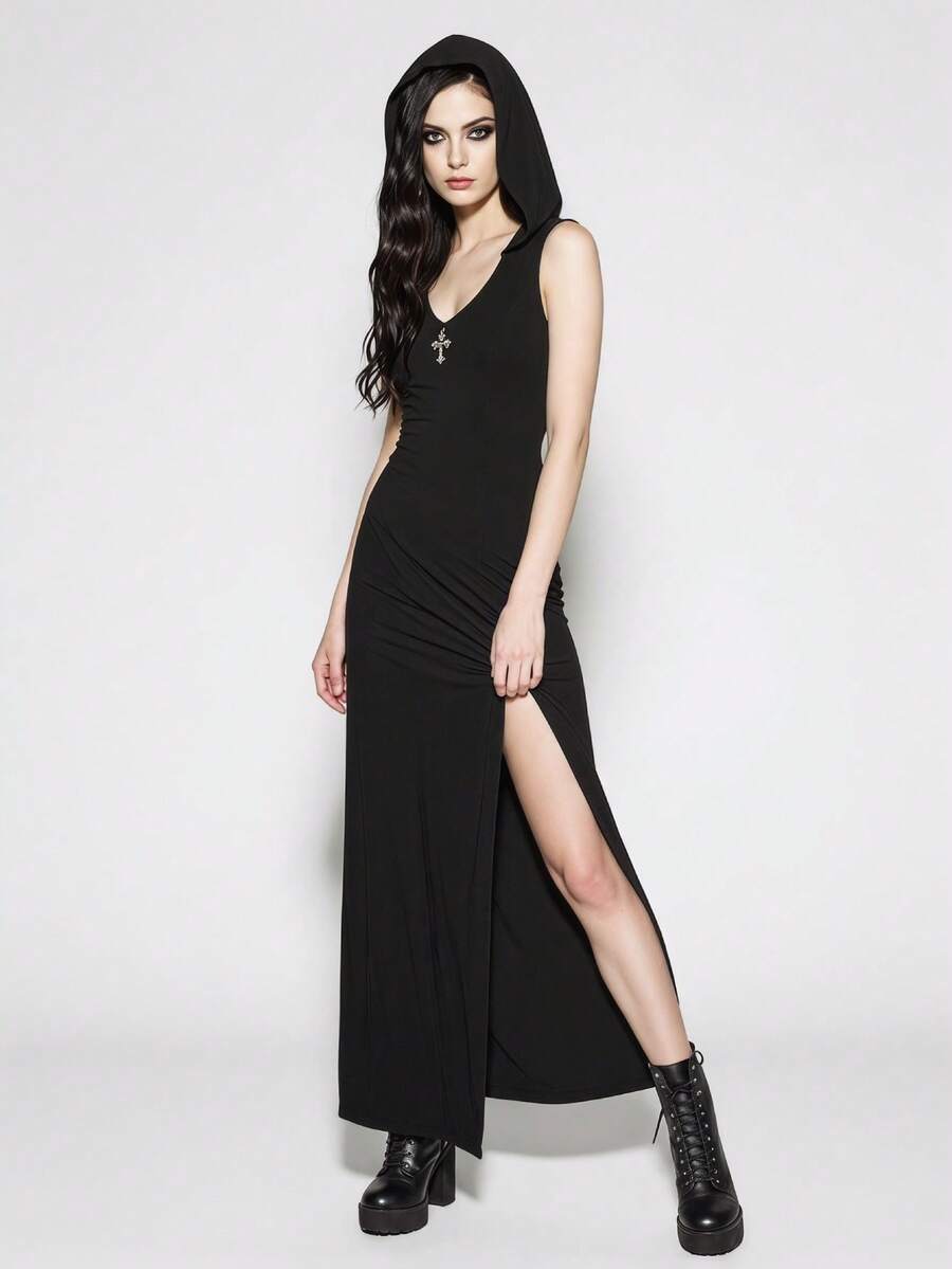 Women's black sleeveless gothic long dress featuring a collar neckline, split thigh hem, and slim fit knitted fabric.