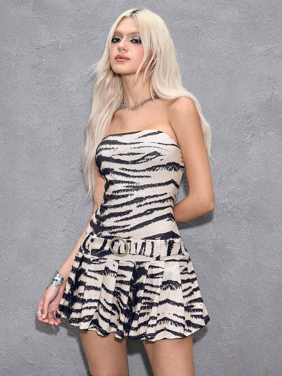 Multicolor zebra print cami mini dress for women with spaghetti straps, ruched detailing, and flared hem.