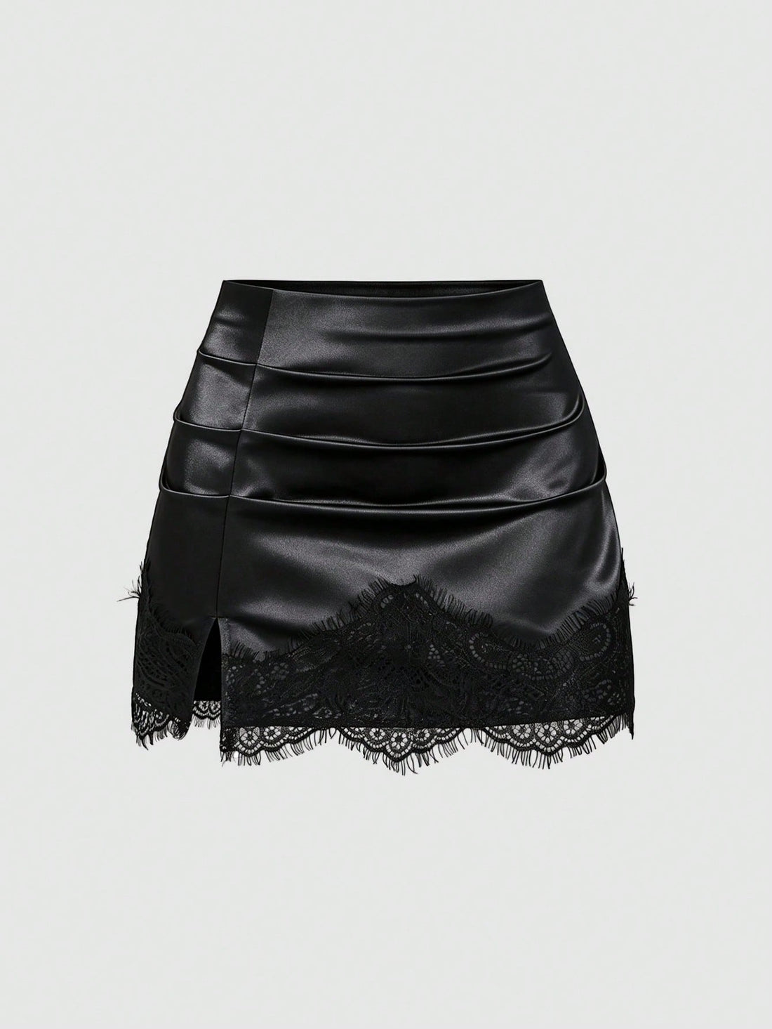 Black satin bodycon short skirt featuring contrast lace trim and mid-waist fit for women