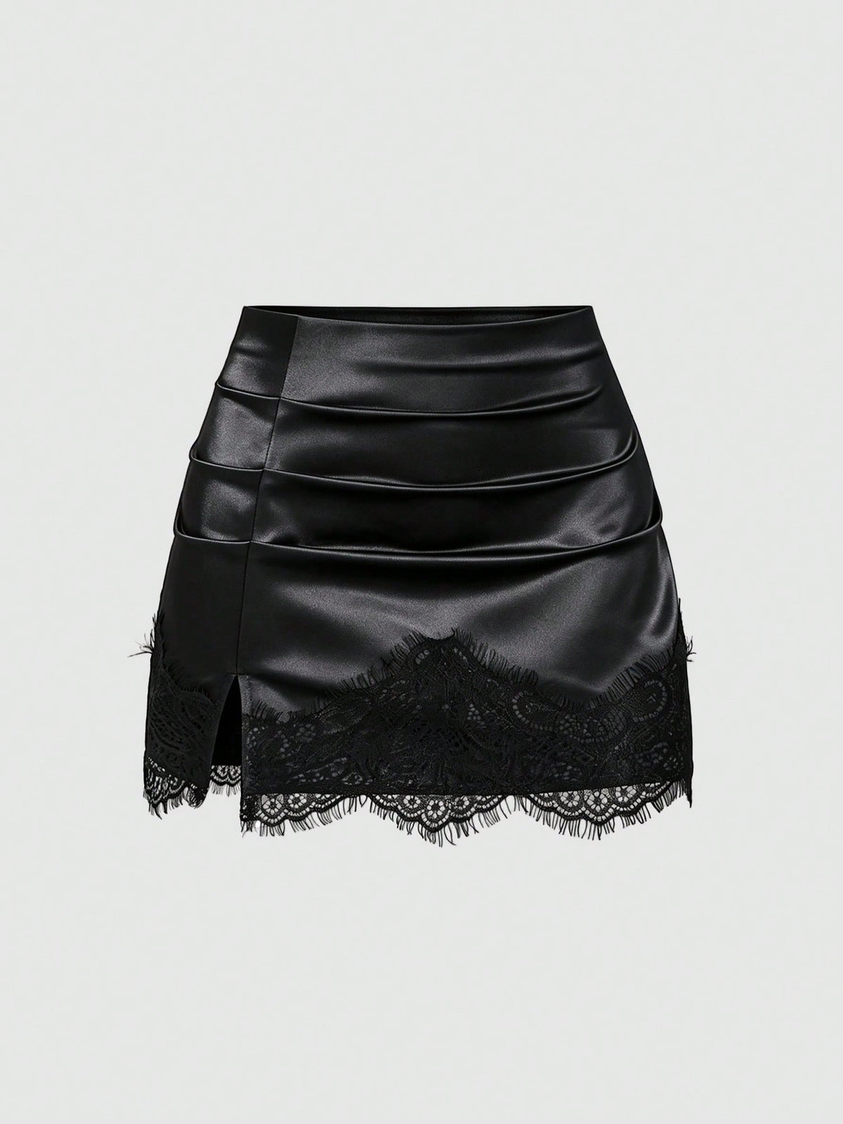 Black satin bodycon short skirt featuring contrast lace trim and mid-waist fit for women