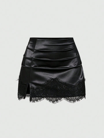 Black satin bodycon short skirt featuring contrast lace trim and mid-waist fit for women
