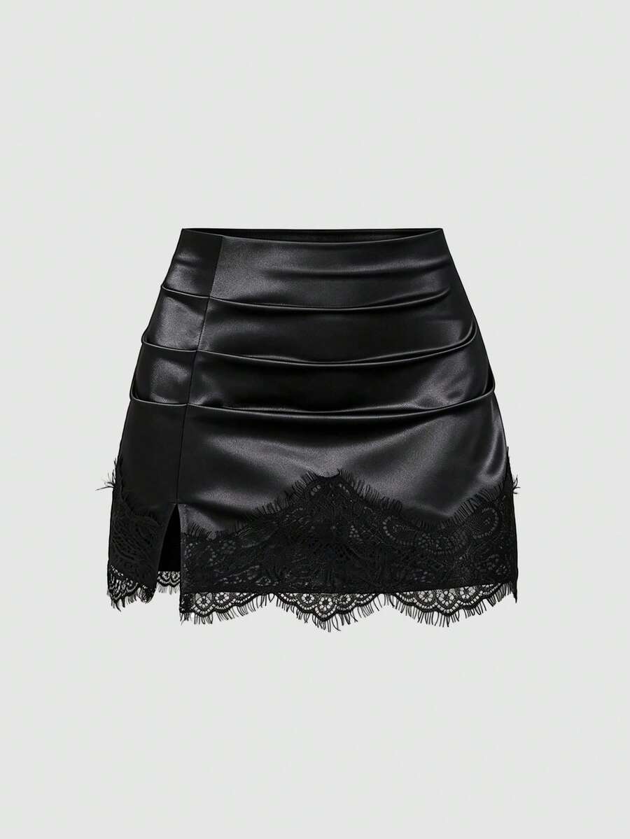 Black satin bodycon short skirt featuring contrast lace trim and mid-waist fit for women