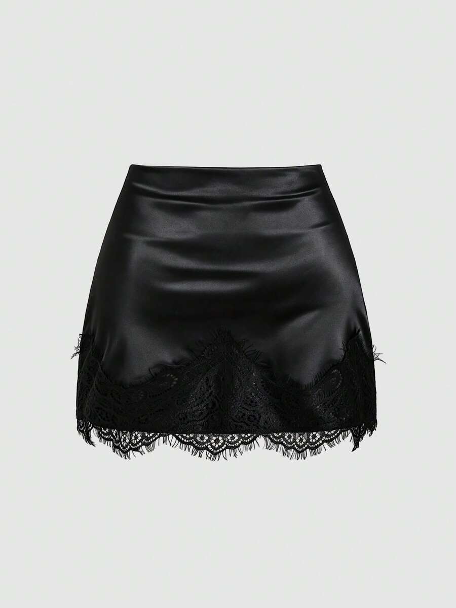 Black satin bodycon short skirt featuring contrast lace trim and mid-waist fit for women
