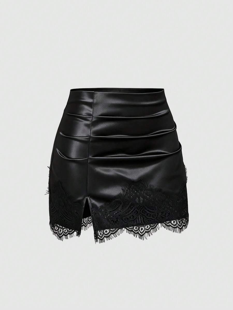 Black satin bodycon short skirt featuring contrast lace trim and mid-waist fit for women