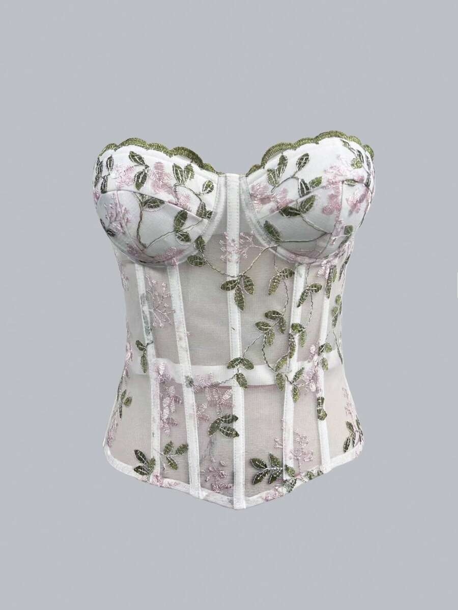 White botanical embroidered mesh bustier crop top for women featuring a strapless boned silhouette and slim crop fit.
