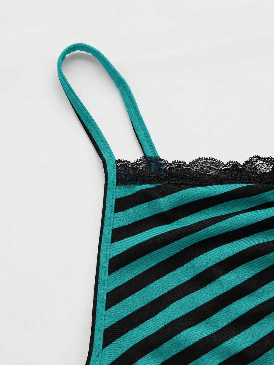 Burgundy and black striped lace trim camisole with spaghetti straps and ruched rib-knit detail.
