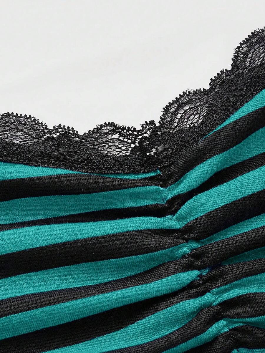 Burgundy and black striped lace trim camisole with spaghetti straps and ruched rib-knit detail.