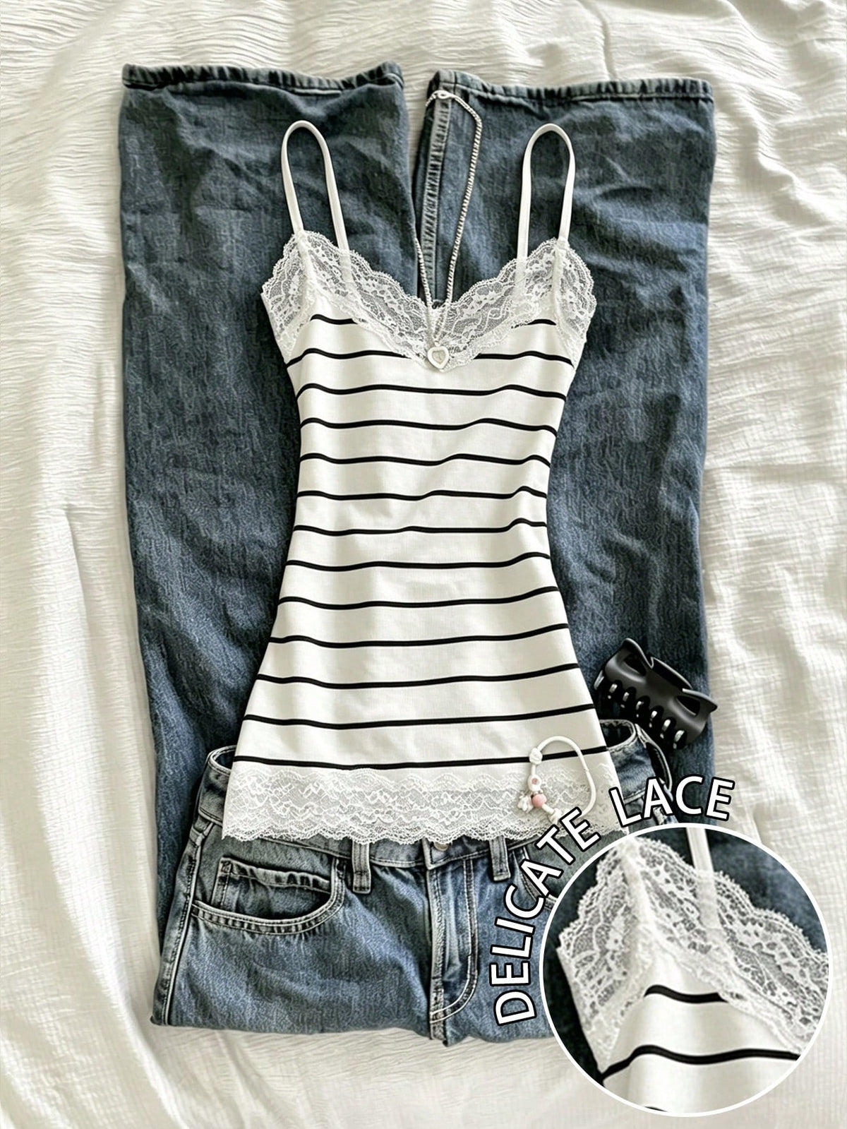 Women's solid color slim fit camisole top featuring delicate lace patchwork embroidery and tank straps.