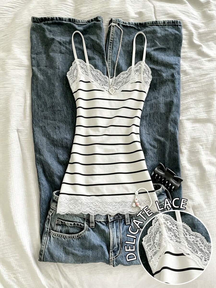 Women's solid color slim fit camisole top featuring delicate lace patchwork embroidery and tank straps.