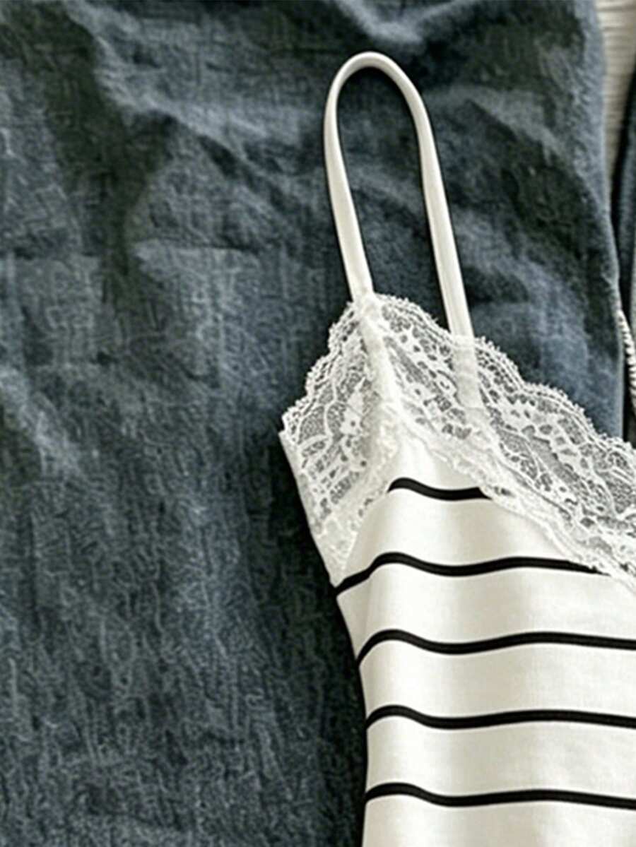 Women's solid color slim fit camisole top featuring delicate lace patchwork embroidery and tank straps.