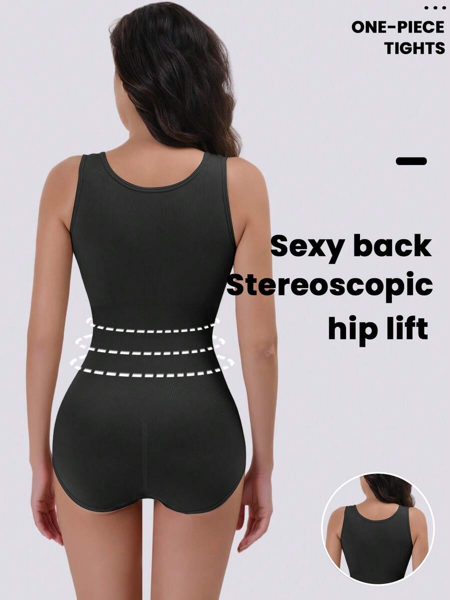 Apricot women's shapewear bodysuit featuring wide shoulder straps, tummy control, waist tightening, and adjustable three-row buckle