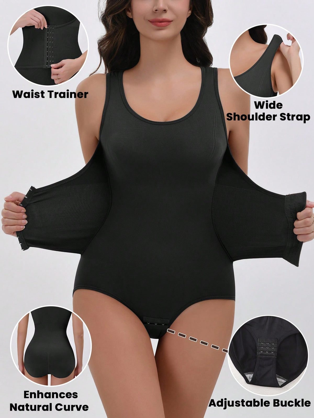 Apricot women's shapewear bodysuit featuring wide shoulder straps, tummy control, waist tightening, and adjustable three-row buckle