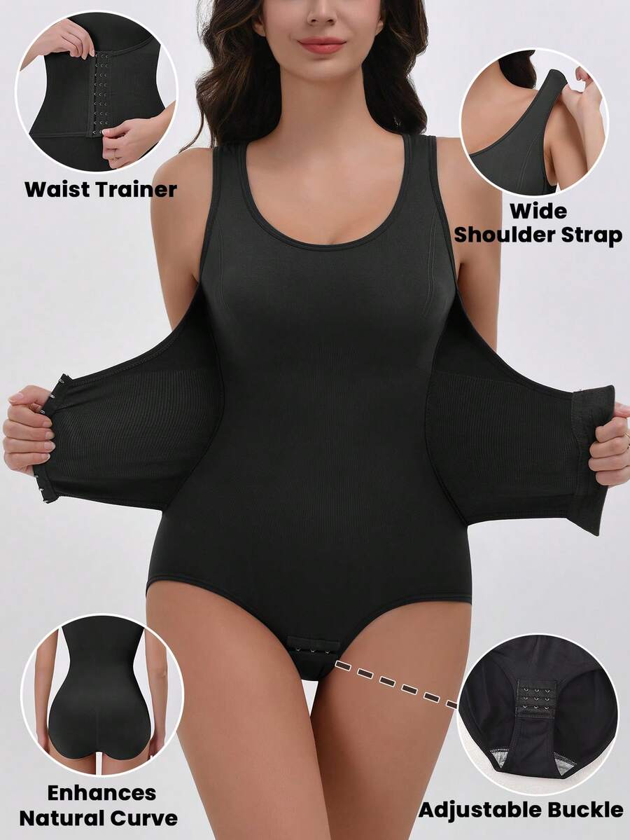 Apricot women's shapewear bodysuit featuring wide shoulder straps, tummy control, waist tightening, and adjustable three-row buckle
