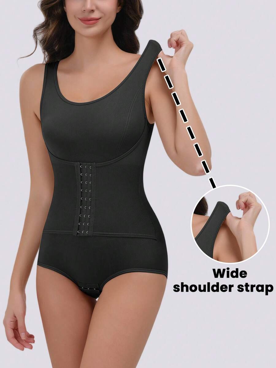 Apricot women's shapewear bodysuit featuring wide shoulder straps, tummy control, waist tightening, and adjustable three-row buckle