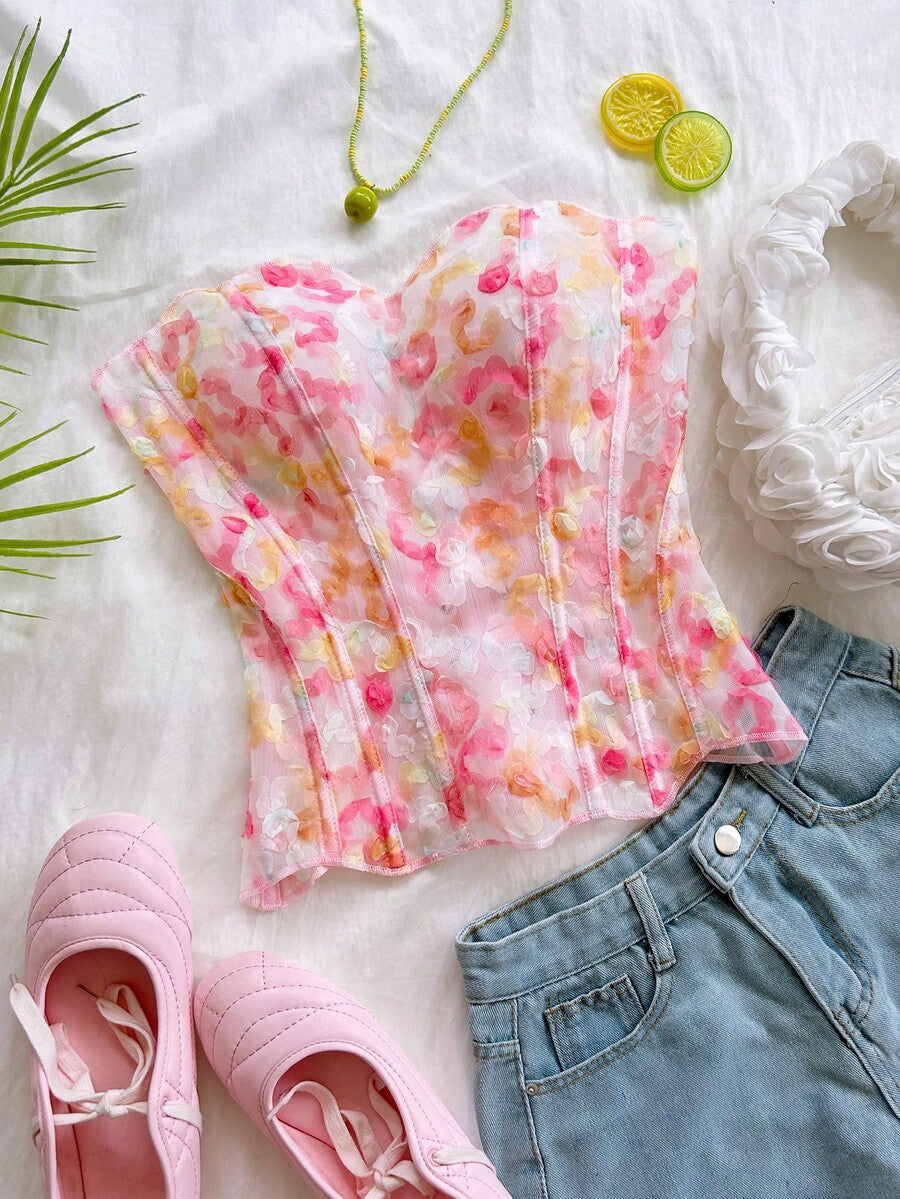 Strapless floral lace corset top with lace-up detail, asymmetrical hem, and slim fit for women.