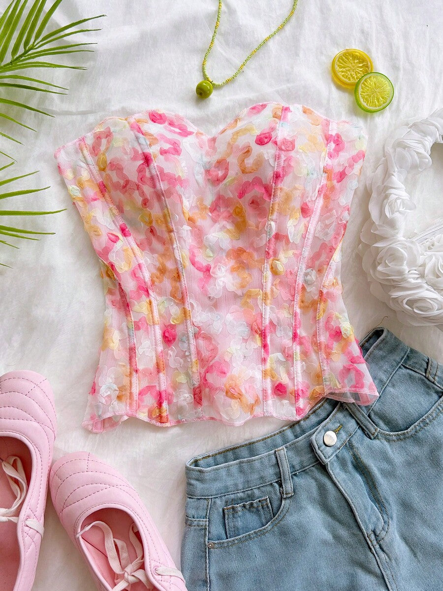 Strapless floral lace corset top with lace-up detail, asymmetrical hem, and slim fit for women.
