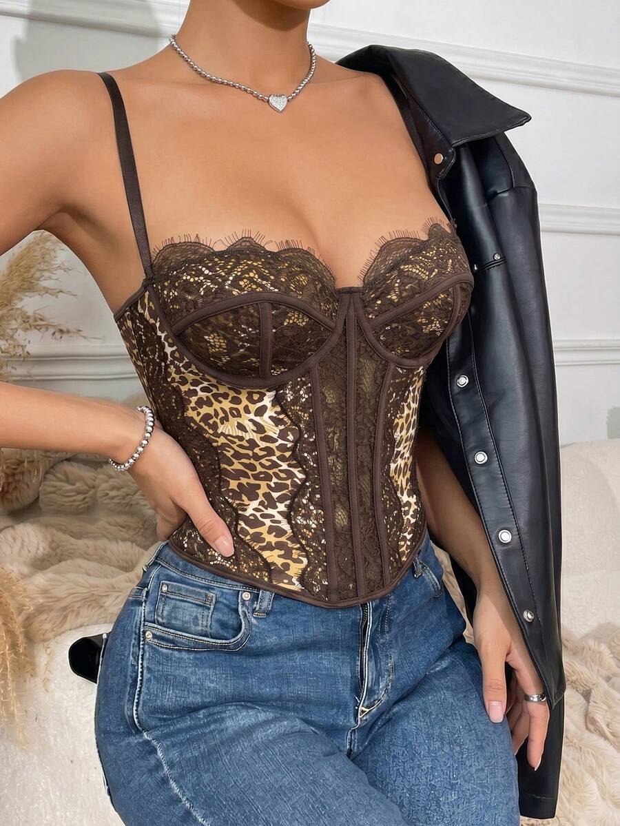 Women's brown lace trim cami corset crop top featuring a low cut neck, unlined body, and slim fit bodycon silhouette.