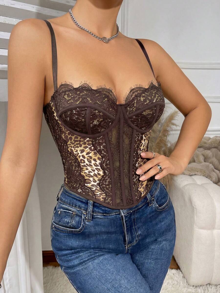 Women's brown lace trim cami corset crop top featuring a low cut neck, unlined body, and slim fit bodycon silhouette.