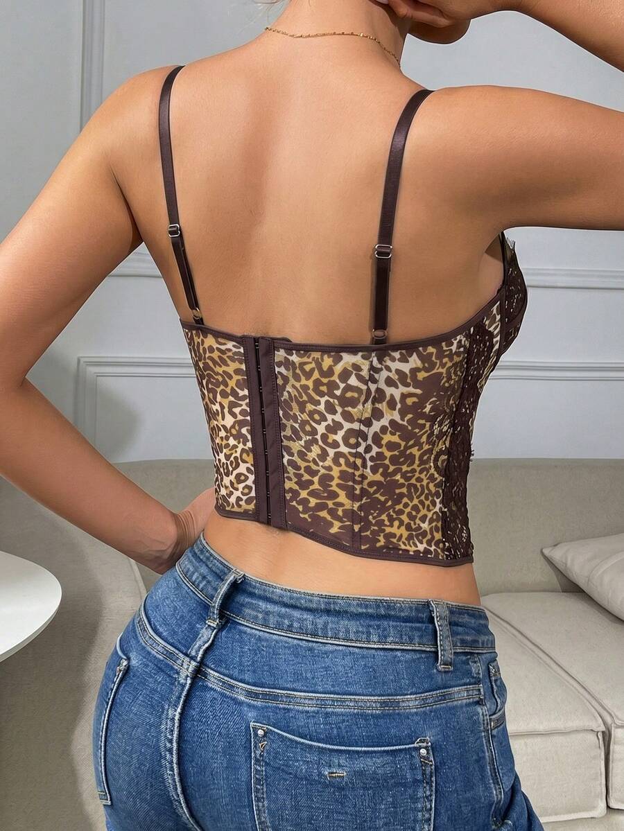 Women's brown lace trim cami corset crop top featuring a low cut neck, unlined body, and slim fit bodycon silhouette.