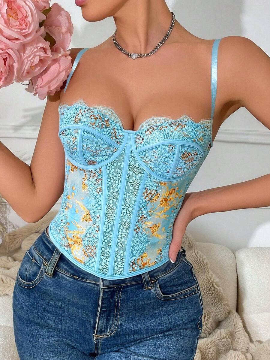 Women's brown lace trim cami corset crop top featuring a low cut neck, unlined body, and slim fit bodycon silhouette.