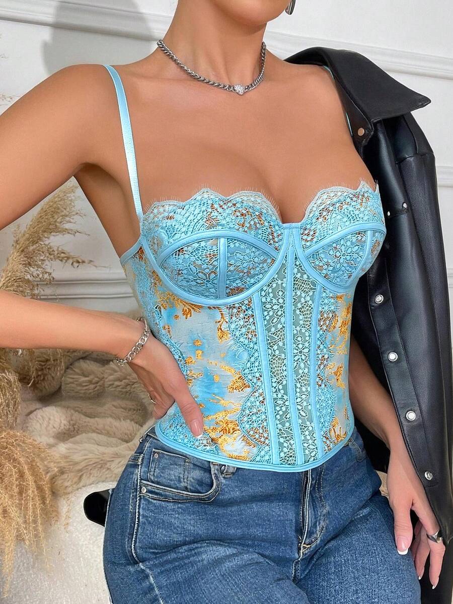 Women's brown lace trim cami corset crop top featuring a low cut neck, unlined body, and slim fit bodycon silhouette.