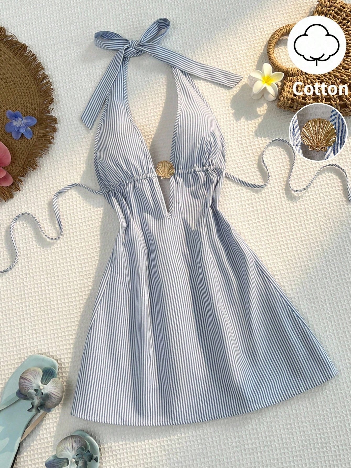 Women Blue And White Stripe Bamboo Fiber Deep V Halter Backless Tie Waist A-Line Mini Dress,Summer Casual Holiday Vacation Holiday Metal Shell Decor