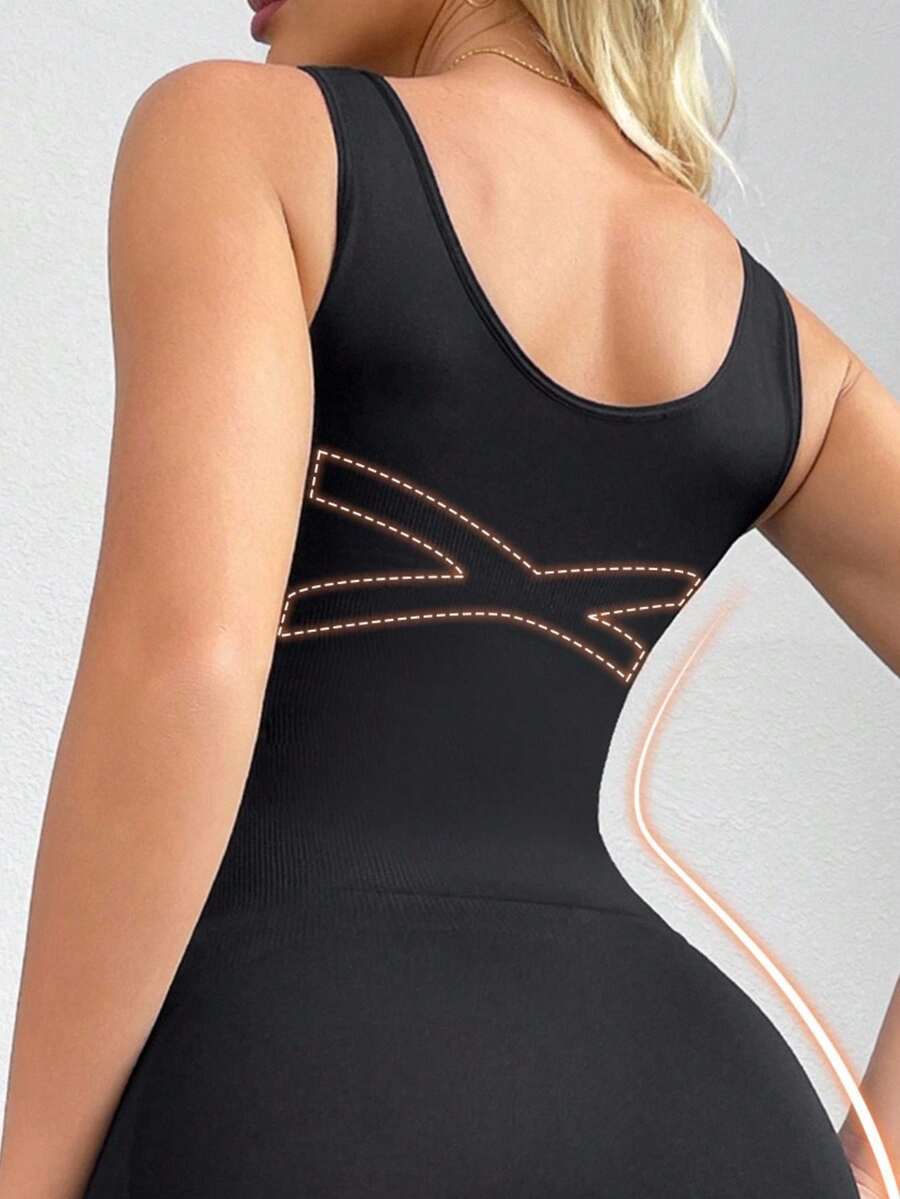 Black women's camisole shapewear bodysuit featuring open-crotch shaping shorts and cut-out details.