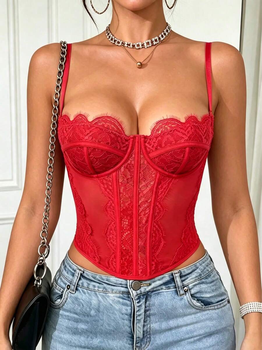 Women's black lace crop camisole featuring a deep V-neckline, slim fit silhouette, and matching arm sleeves.