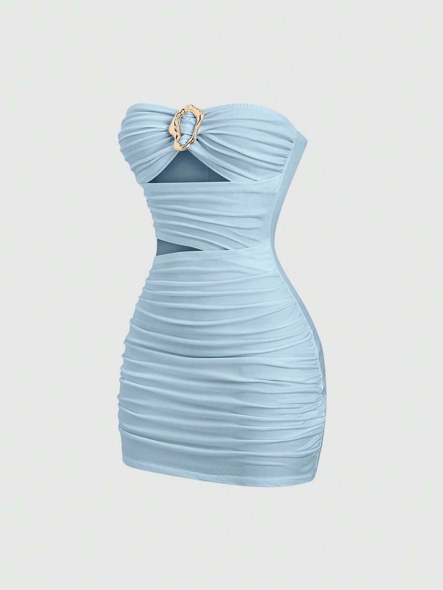 Women's black strapless bodycon mini dress featuring ruched detailing, cut-out design with ring accent, mid-waist pencil hem, and slim fit knitted stretch fabric.