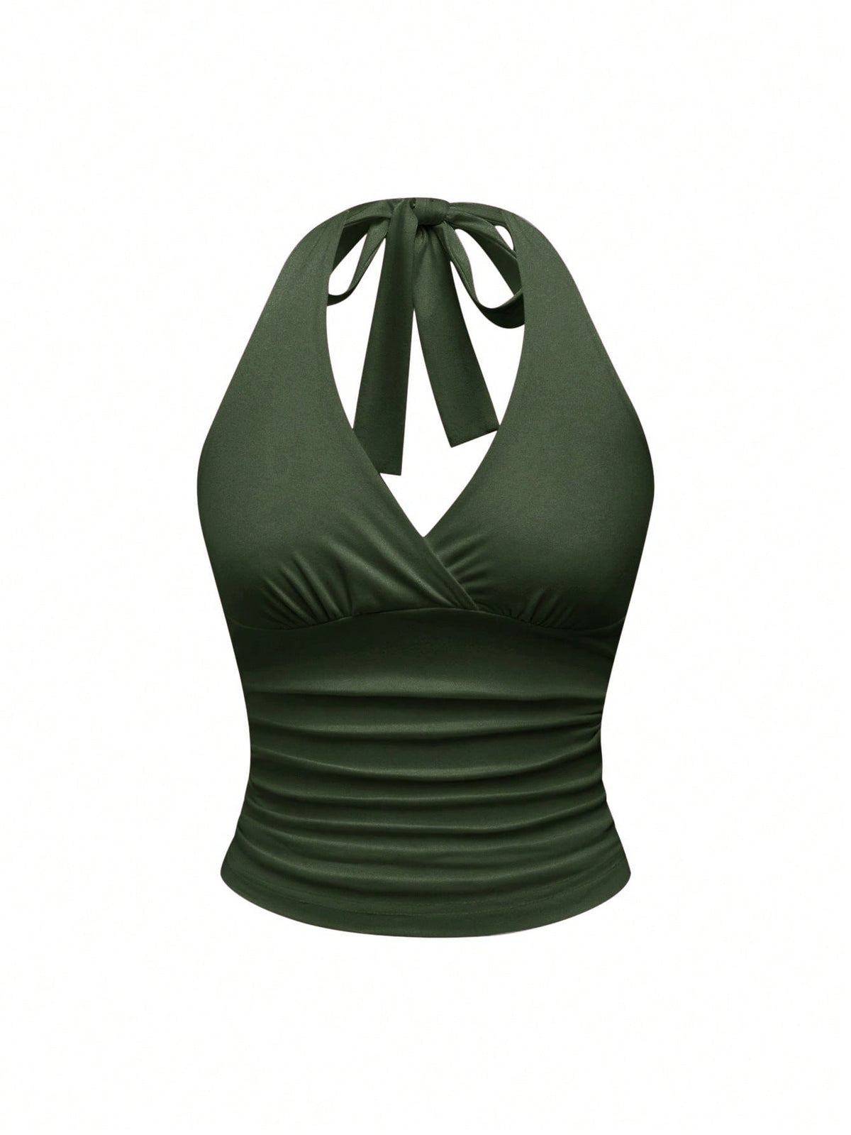 Women's halter crop tank top featuring a backless silhouette and ruched detailing in a slim fit design.