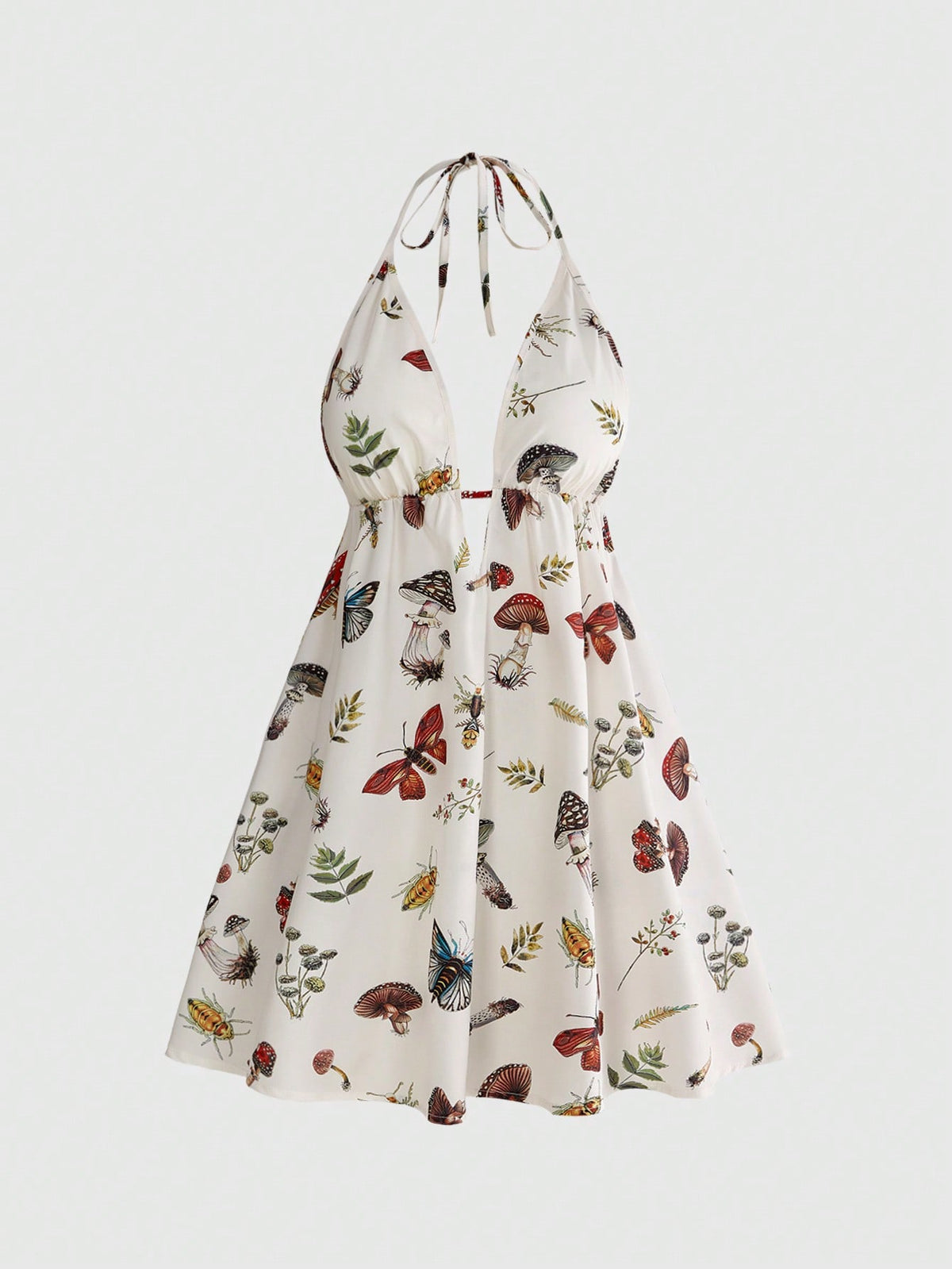 Black fairycore halter backless mini dress with mushroom, moth, and plant print featuring a high waist and flared hem.