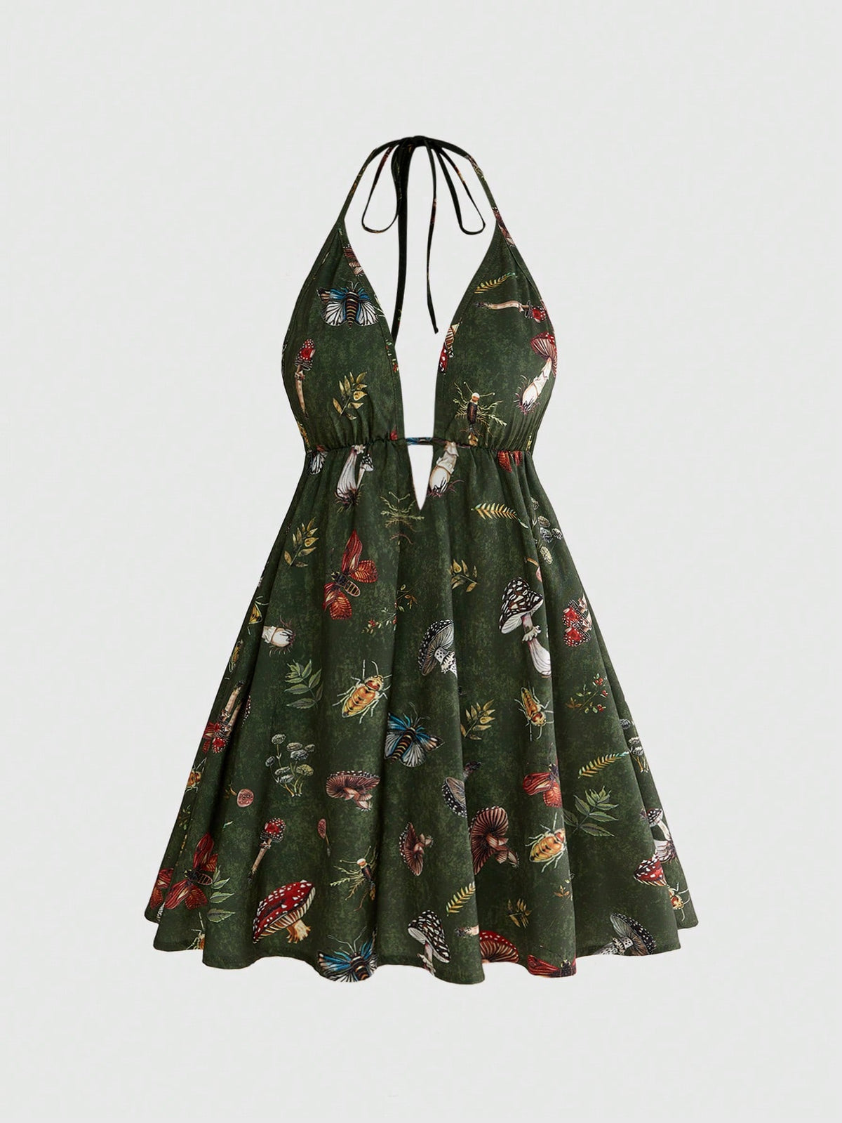 Black fairycore halter backless mini dress with mushroom, moth, and plant print featuring a high waist and flared hem.