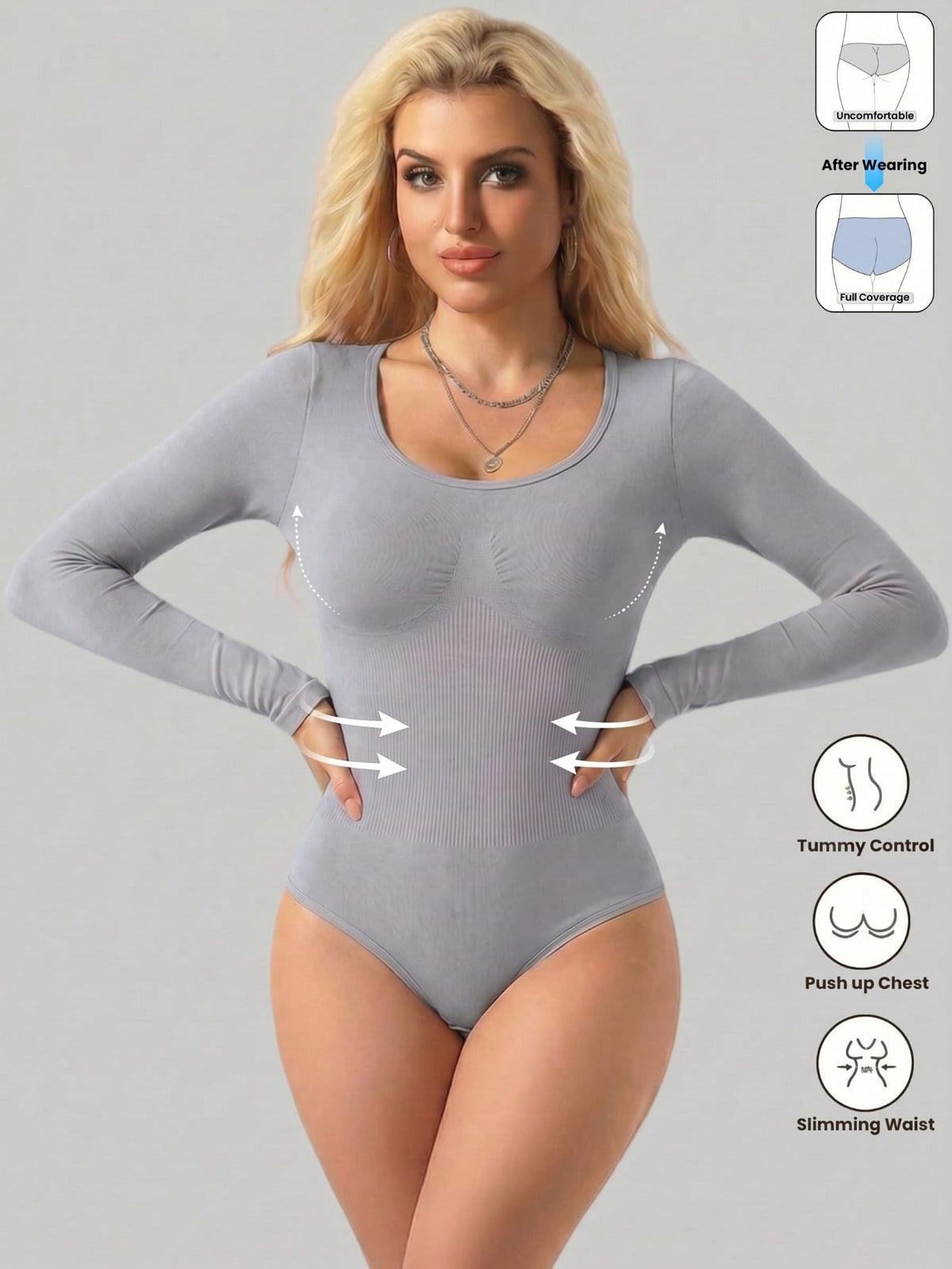 Black seamless long sleeve crew neck shapewear bodysuit for women featuring full coverage tummy control.