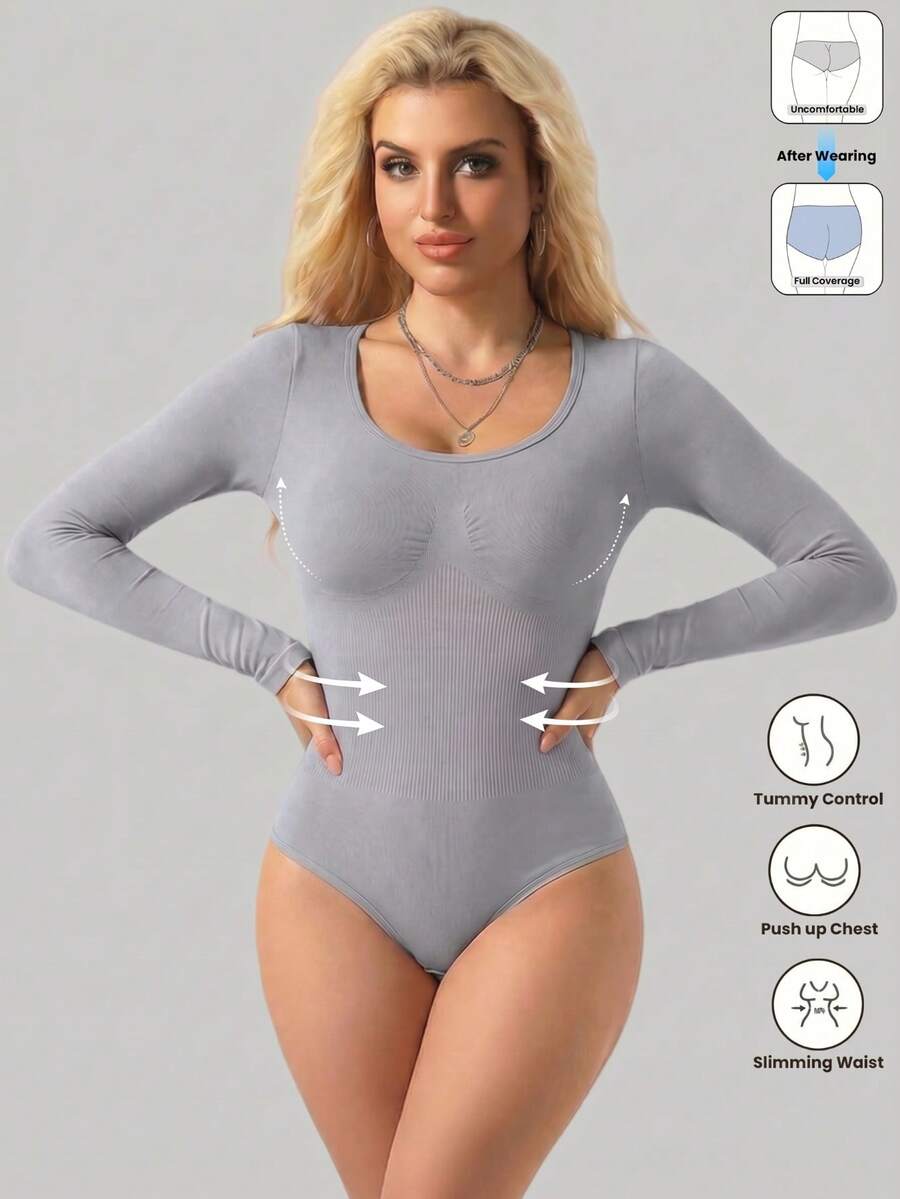 Black seamless long sleeve crew neck shapewear bodysuit for women featuring full coverage tummy control.