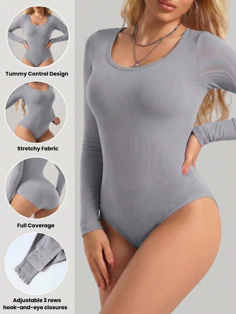 Black seamless long sleeve crew neck shapewear bodysuit for women featuring full coverage tummy control.