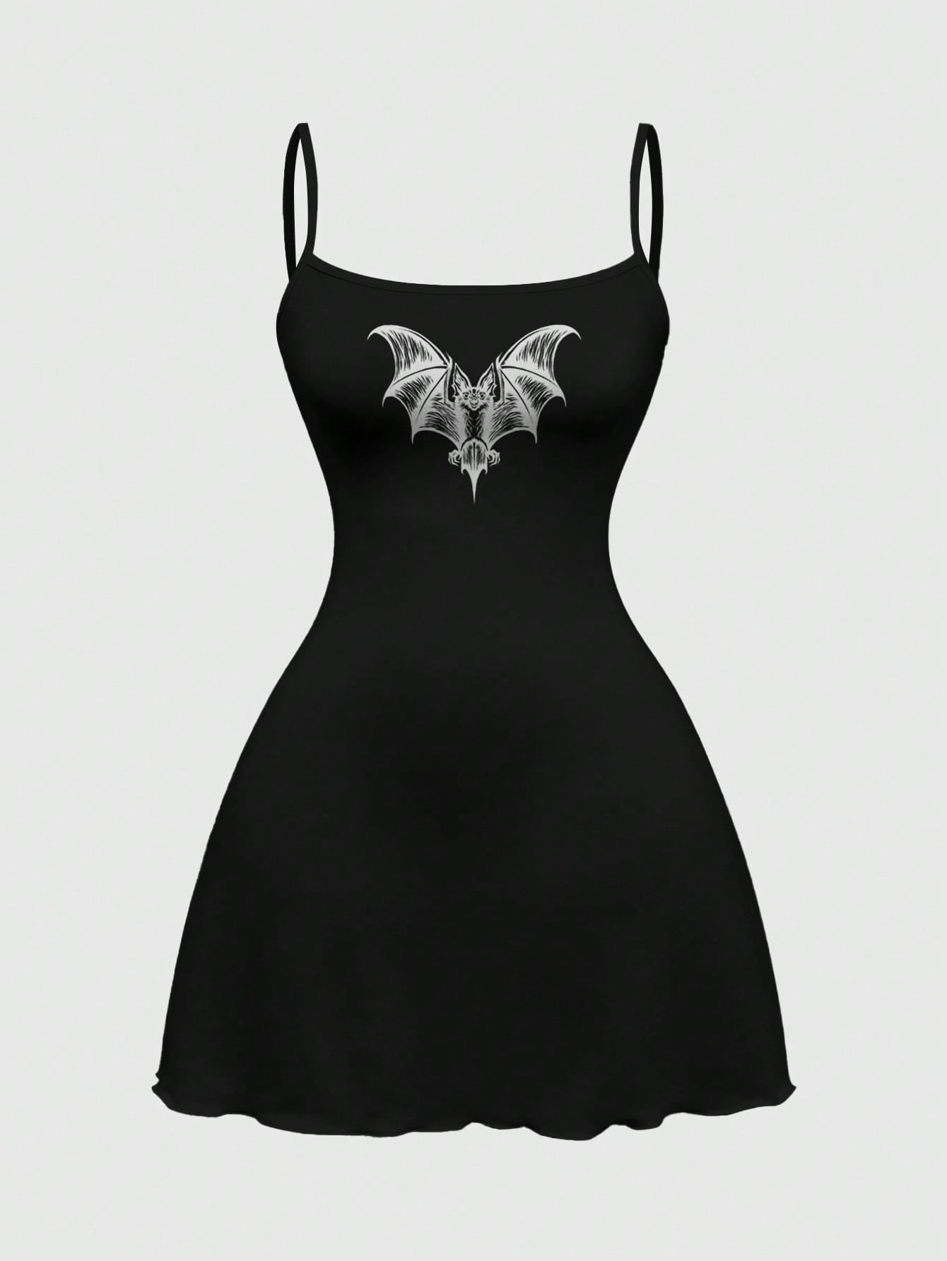 Beige graphic cami mini dress for women featuring a backless slim fit design, high waist flared hem, lettuce trim, spaghetti straps, and arm sleeves.