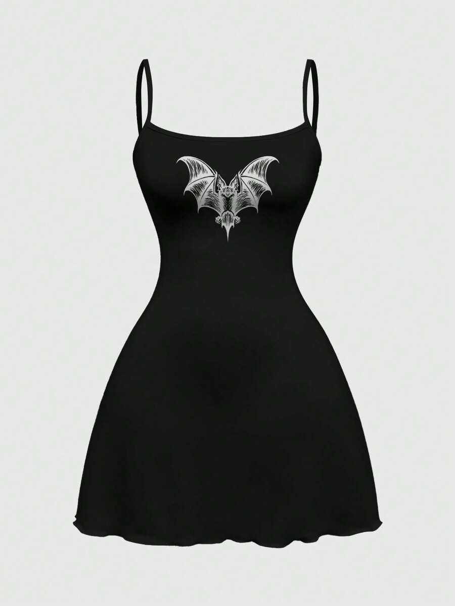 Beige graphic cami mini dress for women featuring a backless slim fit design, high waist flared hem, lettuce trim, spaghetti straps, and arm sleeves.